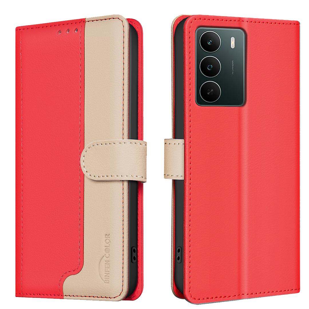 

Для Realme C71 4G Кожаный чехол BINFEN COLOR Комбинированный цвет Блокировка RFID Кошелек-подставка Чехол для телефона Red