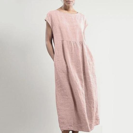 Women Dress Short Sleeve Casual Breathable Solid Color A-Line Dual Pockets Midi Dress for Daily Wear