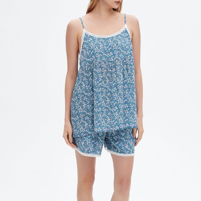 

Прохладная натуральная ланджинская тенселевая летняя пижама с принтом, женский костюм-майка с шортами, тонкий костюм-двойка, домашняя одежда Navy blue Suit L