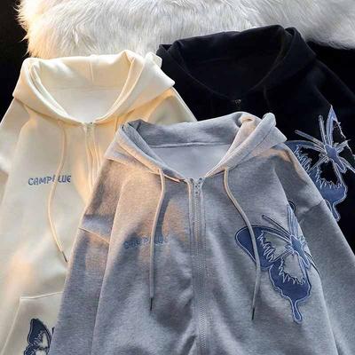 Płaszcz damski bawełniany casual oversize z zamkiem w kształcie motyla kurtka bluza z kapturem długi rękaw
