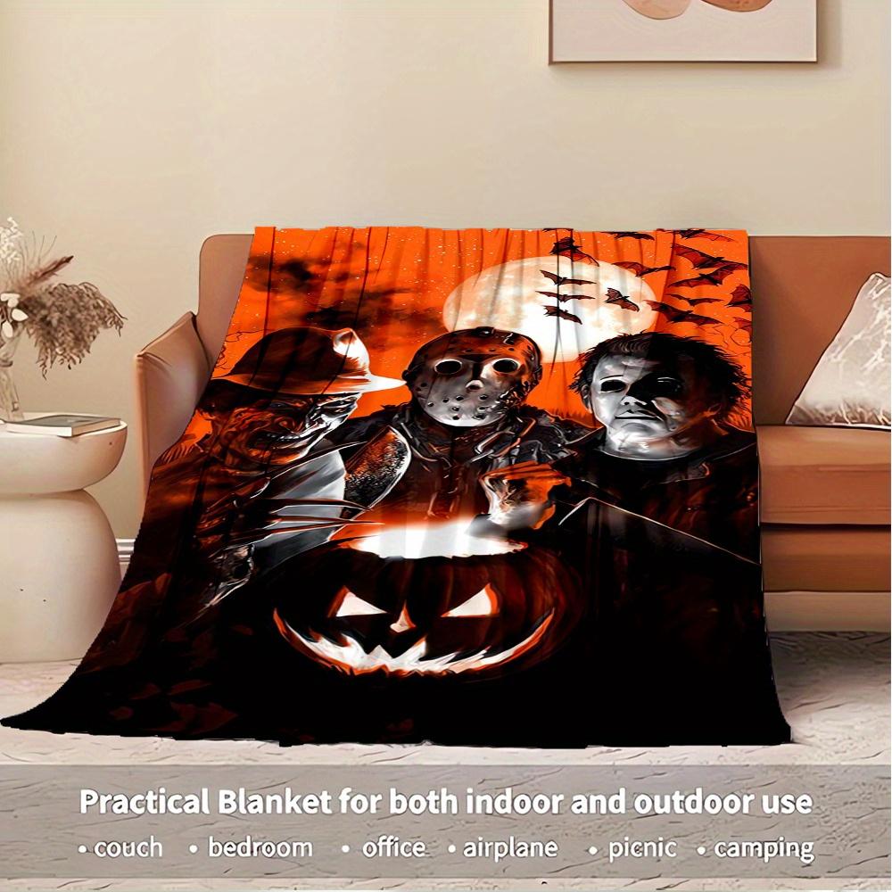 For Halloween,Horror Icons,Pumpkin Carving-Themed Flannel Blanket, Glam Style, Digital Print, All-Season Comfort, Tear-Resistant, Knitted Cr