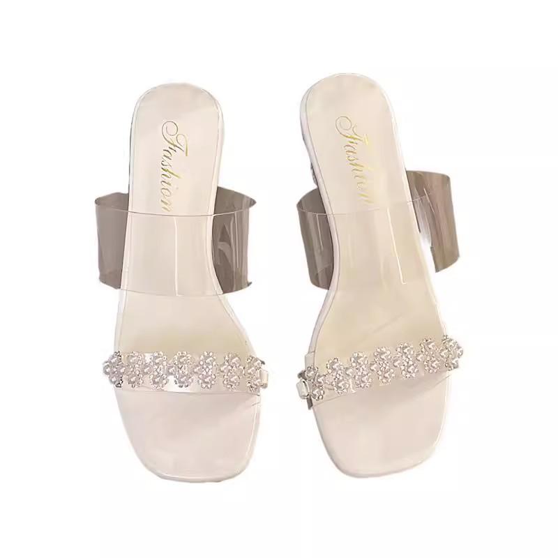 Beautiful High-heeled One-word Slippers for Women's Summer Wear, New Fashionable Transparent Thick-heeled Cool Slippers for Women