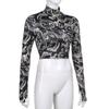 Modetrend Damen Stilvolles, mit Drachen bedrucktes Crop-Top mit langen Ärmeln und hohem Kragen, schmales T-Shirt, schmale T-Shirts für Frühling und Herbst