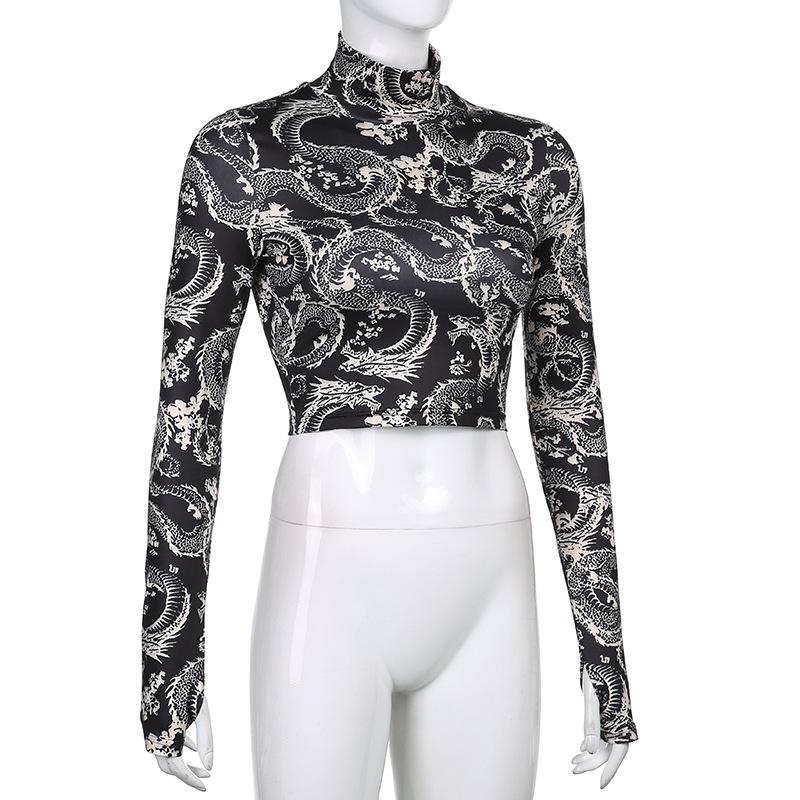 Modetrend Damen Stilvolles, mit Drachen bedrucktes Crop-Top mit langen Ärmeln und hohem Kragen, schmales T-Shirt, schmale T-Shirts für Frühling und Herbst