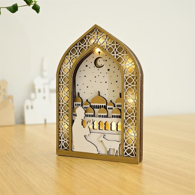 EID Wooden Pendant with LED Light Ornament Islamic Festival Supplies DIY Craft Perfect for Ramazan Home Party Decoration