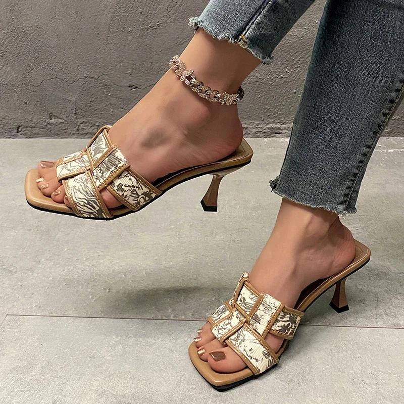 2024 New Brand Summer High Heel Women Slippers Fashion Square Toe Slip On Slides Ladies Elegant Party Dress Sandalias