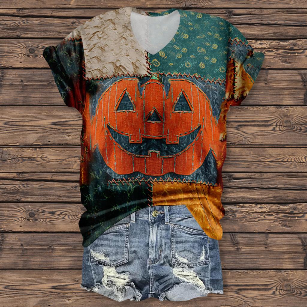 Women's Fashion Casual Three-quarter Sleeve Halloween Letters,  Face Print Top