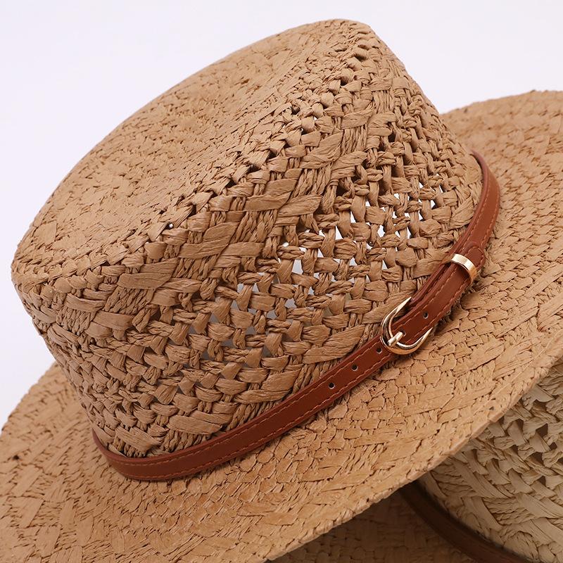 New Breathable Hollow-Out Woven Wide-Brimmed Straw Hat Vintage Belt Buckle Beach Vacations Summer Sun Shade Jazz Hat Formal Hat