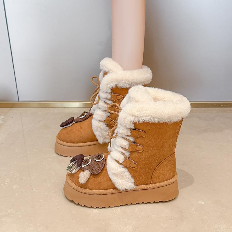 Women's Lace-up Large Size Thick Sole Winter Warm Fur Snow Boots Padded Lined Ankle Boots Anti-slip Hiking Sports Cotton Boots