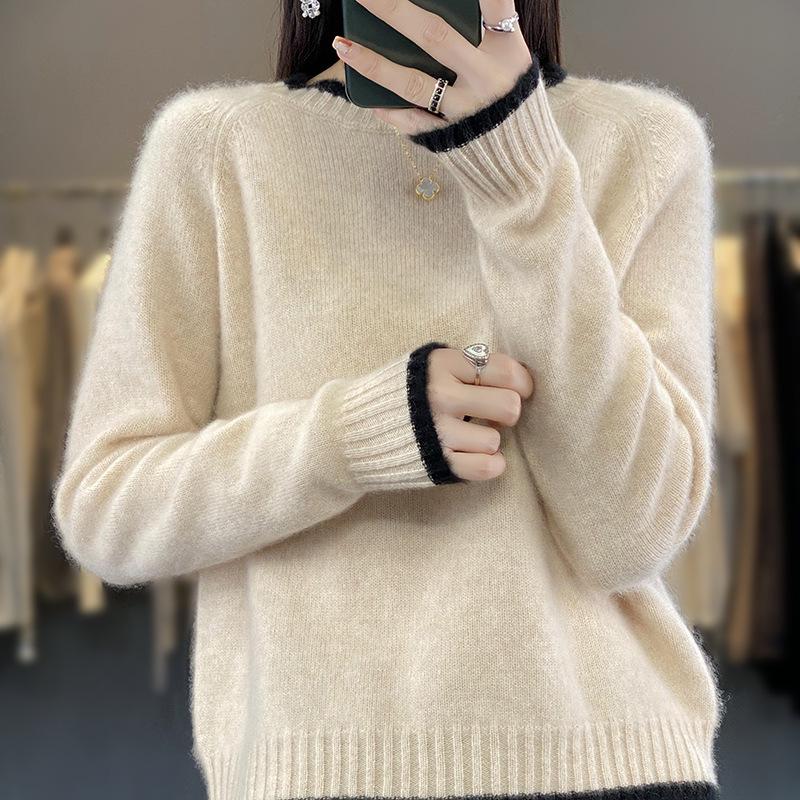 Women's Loose Color Block Cashmere Wool Sweater - Round Neck, Thick, and Stylish for Autumn & Winter