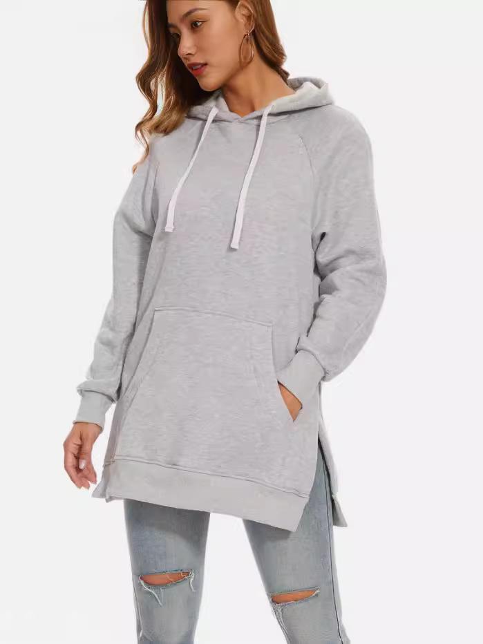 2024 Women's Solid Color Hooded Split Shoulder Sleeve Fleece Sweatshirt for Autumn and Winter