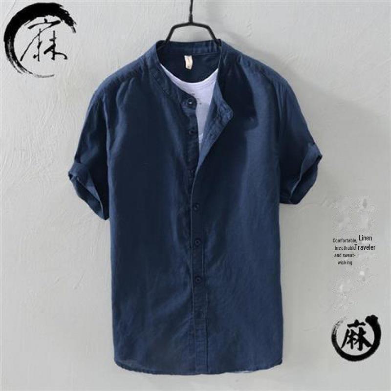 Men's Short-Sleeve Chinese-Style Stand Collar Linen Shirt - Casual, Lightweight, Summer Trend