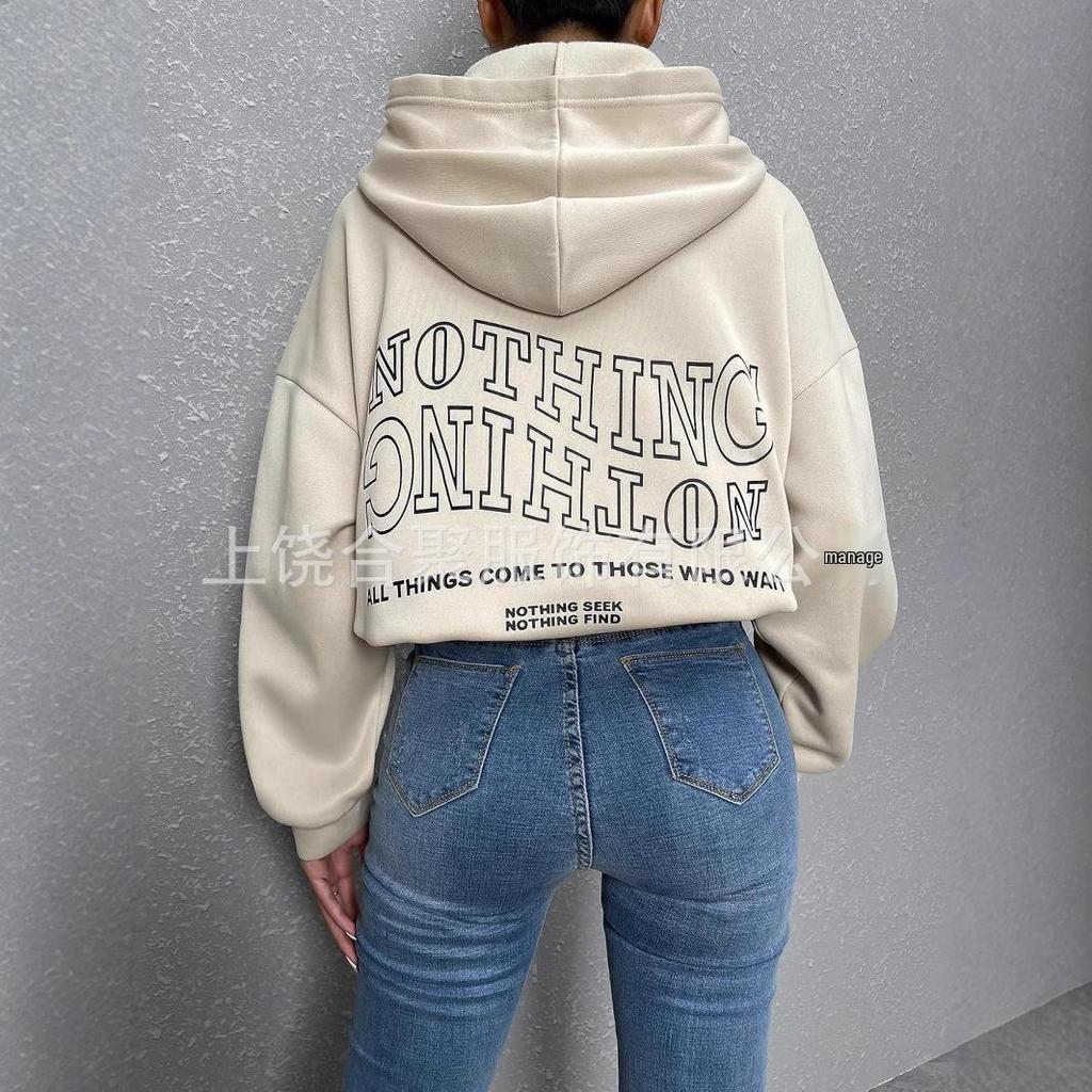 Harajuku Women's Fleece Hoodie with Drop Shoulder Sleeves & Back Letter Print