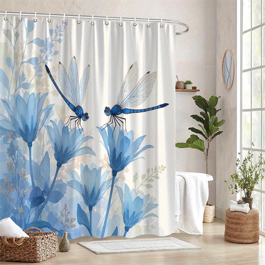 1Pc Blue Floral And Dragonfly Patterned Shower Curtain With Hooks, Made Of Polyester Fabric, Suitable For Bathroom Dcor.
