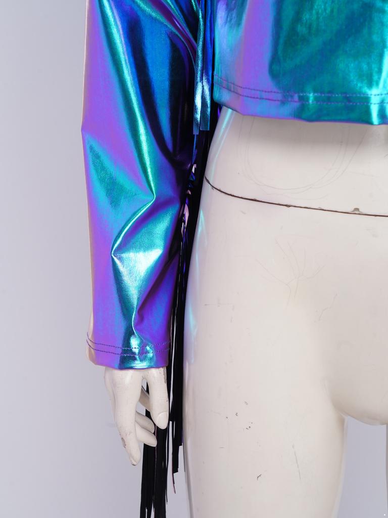 Women's Dance Birthday Party Jacket S-3XL: Tassels Metallic Glossy Turn-Down Collar Long Sleeve Zipper Fringe Shiny Design