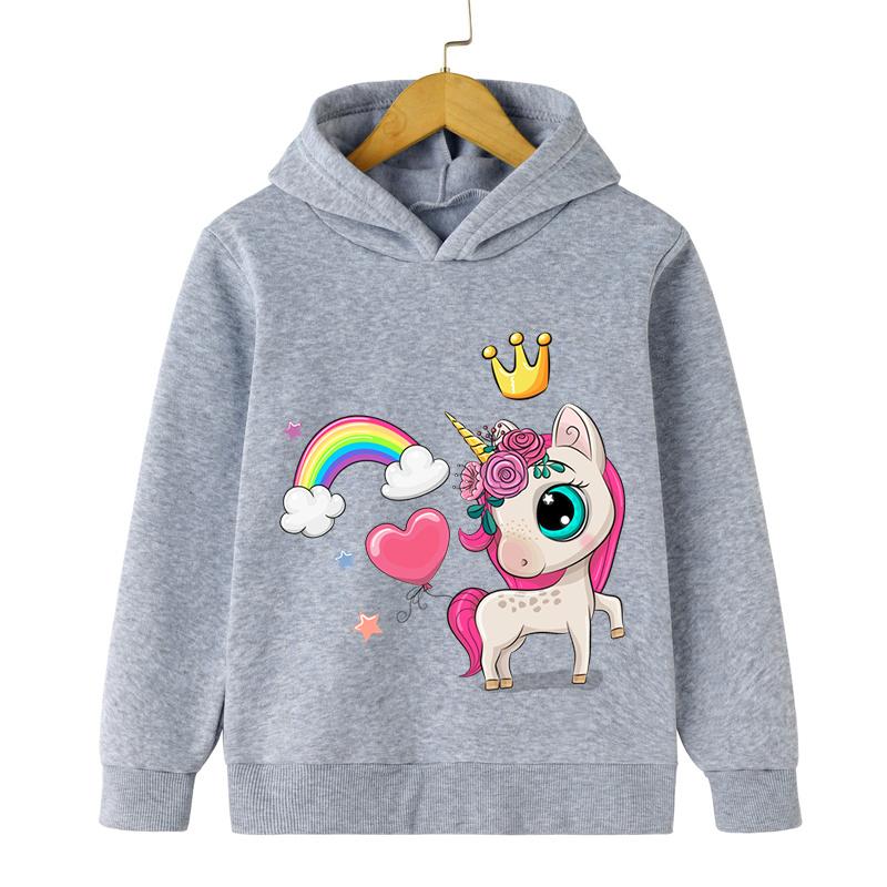 

Новые модные толстовки с капюшоном, милые с принтом радужной короны и единорога, для мальчиков и девочек, пуловер с длинным рукавом, мультяшная аниме толстовка с единорогом 160