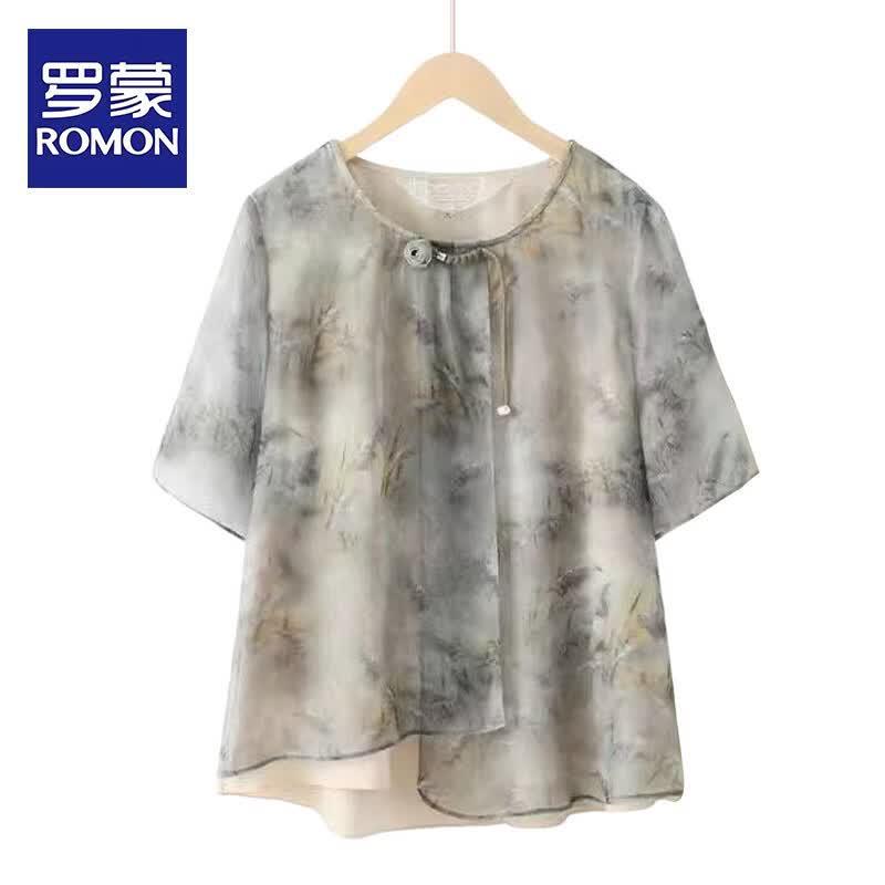 ROMON Women s Chinese Style Short Sleeve T-Shirt Set 4XL