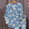 Women's Fashion Casual Button V-Neck Seven Sleeve Vintage Printed Shirt Top