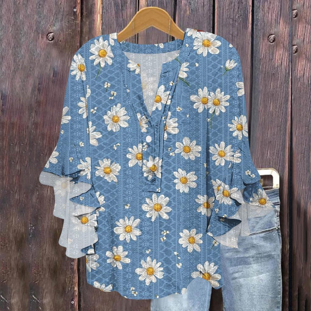 Women's Fashion Casual Button V-Neck Seven Sleeve Vintage Printed Shirt Top
