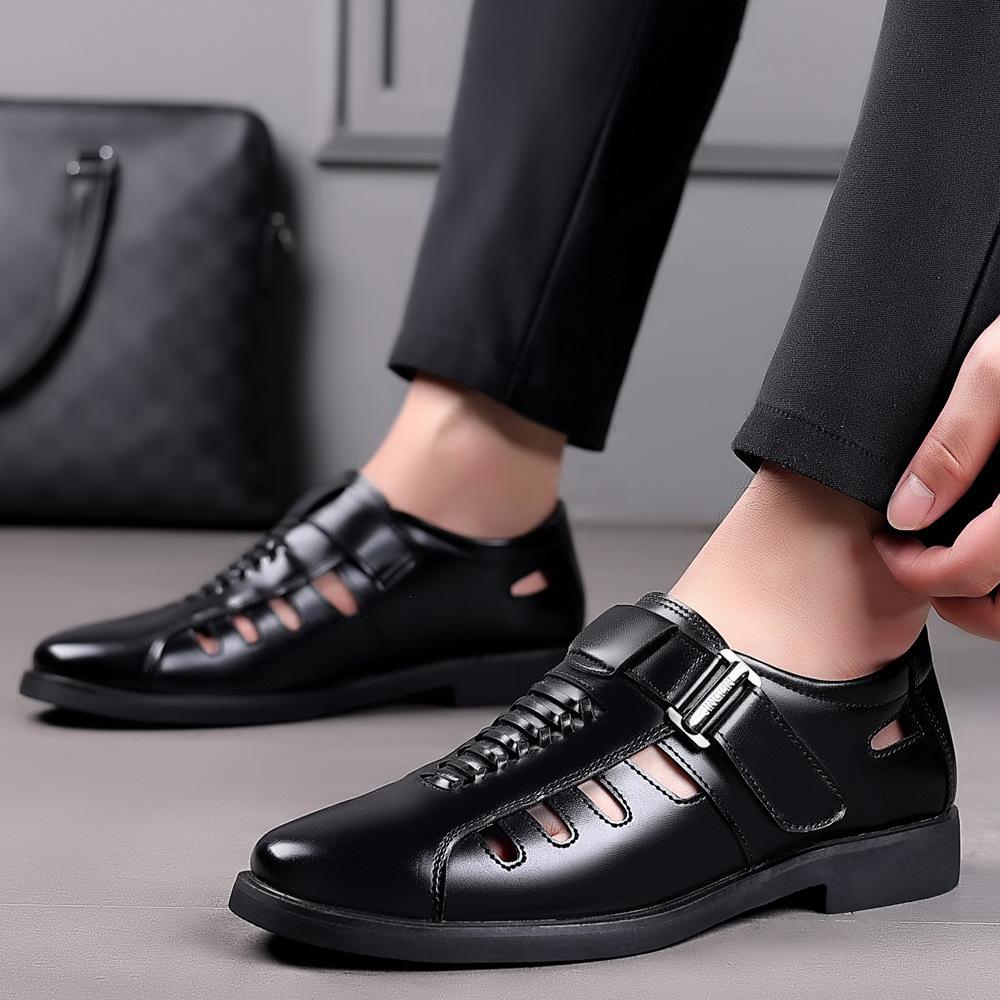 New Men's Large-size Sandals Breathable Business Dress Dad Shoes Engraved Wear-resistant Empty Holes Middle-aged and Elderly Leather Men's Shoes