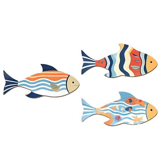 3 Pcs Vintage Wall Decor of Fish Beach Wooden Fish Nautical School Coastal