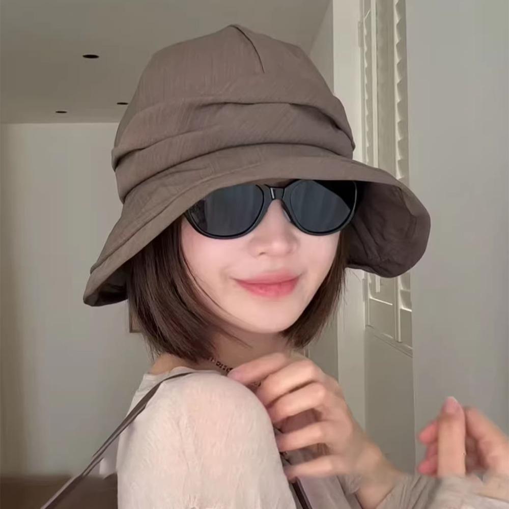 Summer Pleated Bucket Hat Wide-brim Thin Fisherman Hat Foldable Breathable Sun Hat бежевый