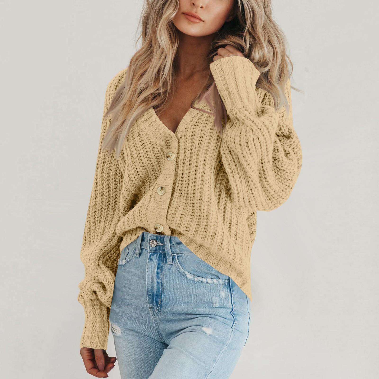 Женский однотонный трикотажный кардиган с длинным рукавом и V-образным вырезом — фото 8