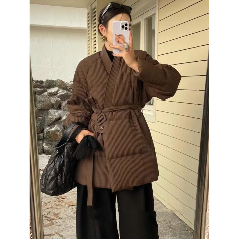 Korean Style V-neck Belted Down Jacket for Women In Autumn and Winter New Style