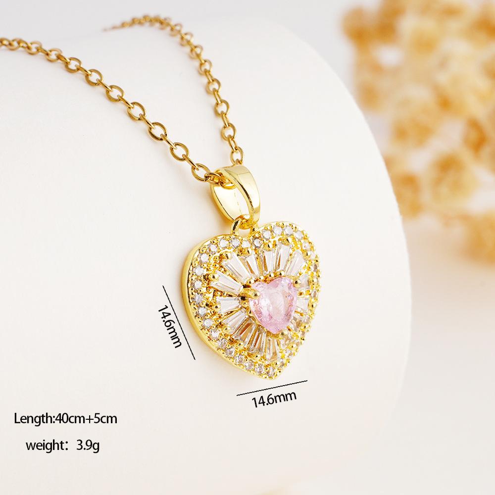 Romantic Pink Zircon Love Heart Pendant Necklace for Women Girls Stainless Steel Chain Luxury Sweet Collar Jewelry Gifts