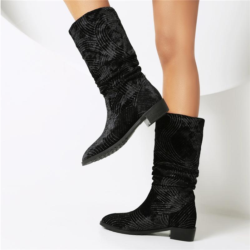 Dámské kozačky do půli lýtek s kulatou špičkou Tlusté nízké podpatky plisované křišťálové stručné značkový design dámská móda obuv zimní černá 46