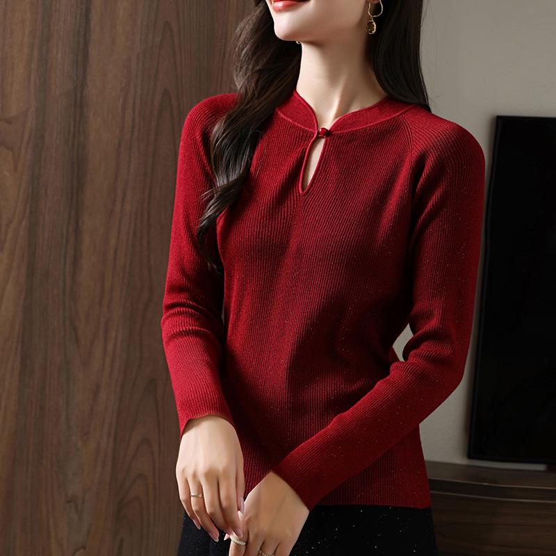 

Autumn Women s Fine Wool Qipao Collar Lurex Pullover Sweater - New Chinese Style Knitted Base Shirt XL (125-135 jin) червоний