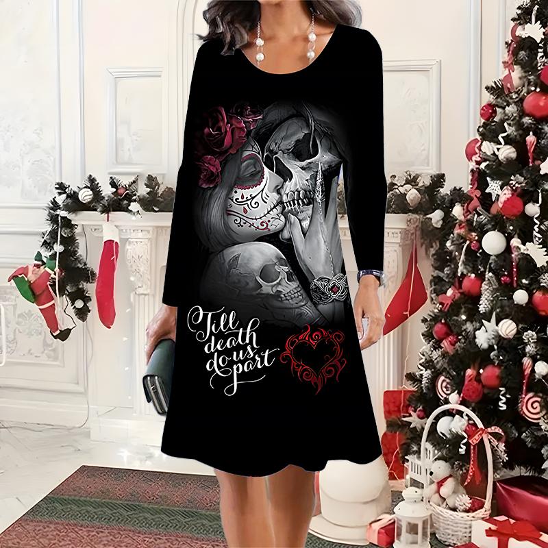 2025 Autumn & Winter Women's New Casual Crew Neck Dress 3D Halloween Pattern Ideal Halloween Christmas Gift