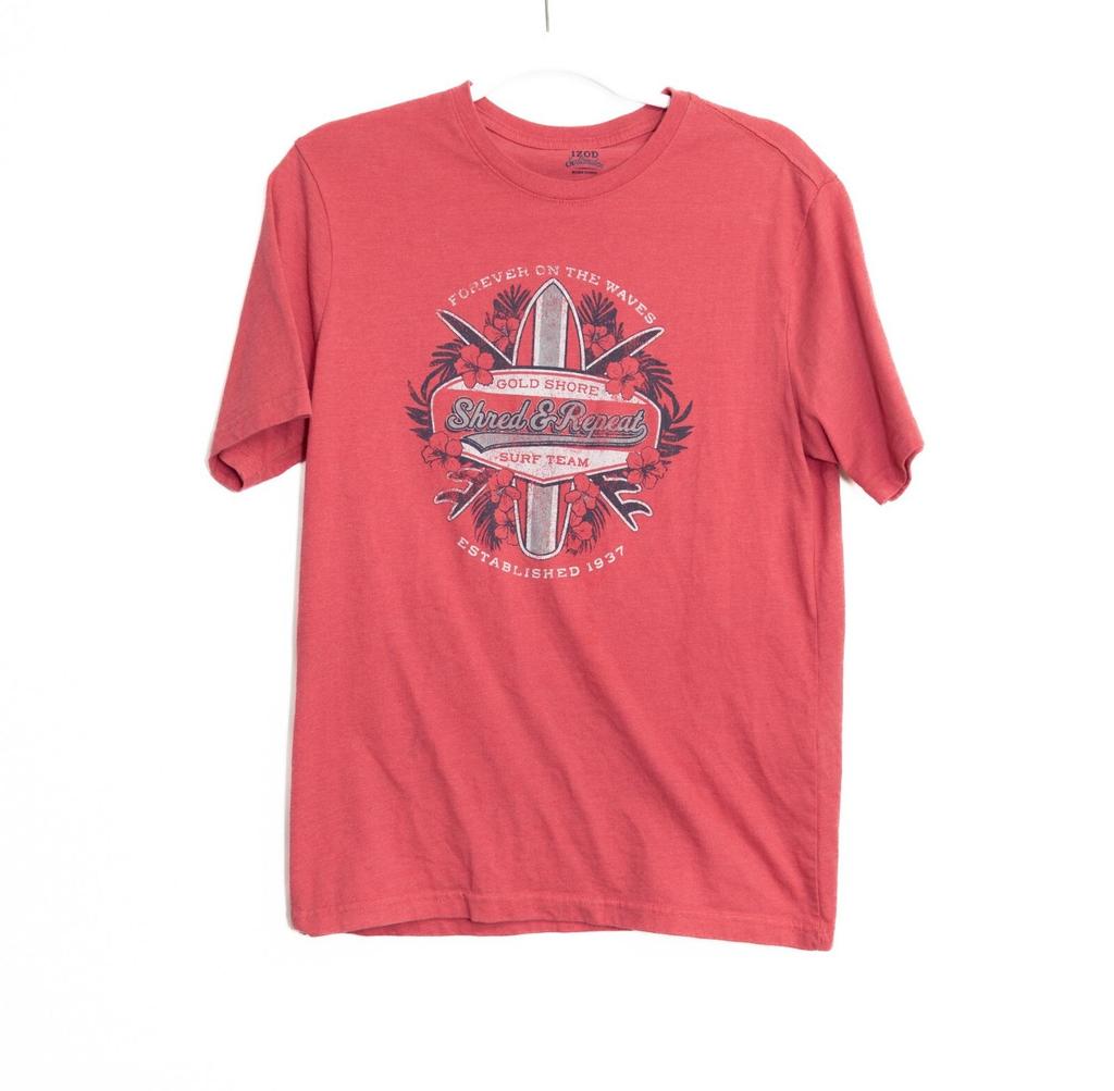 Izod Saltwater Mens Red Graphic Tee "Shred Repeat" Surf Team Short Sleeve S