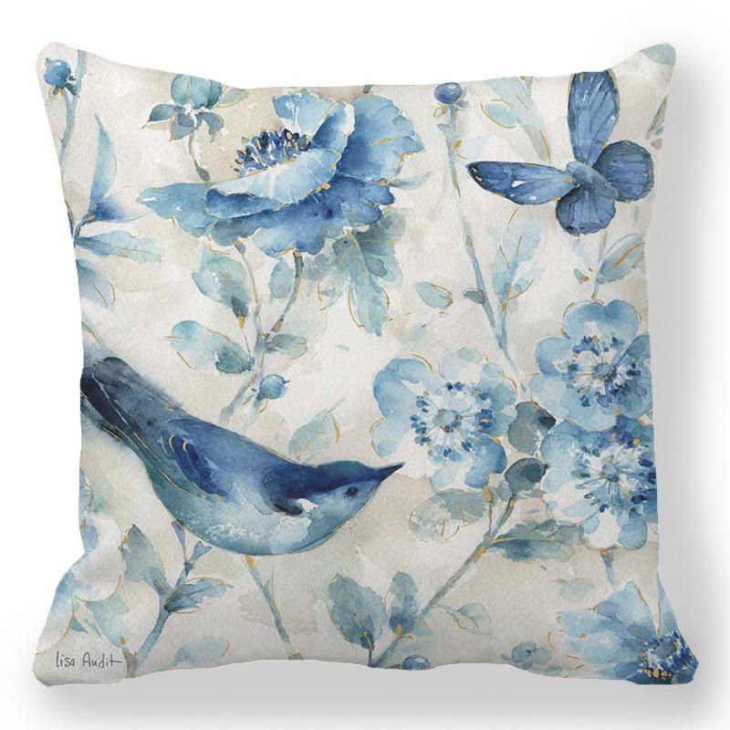 Home Decor Blue Floral & Bird Patterned Pillow Covers Pattern Cushion Cover Suitable For Sofa Bedroom Car Pillow Cover