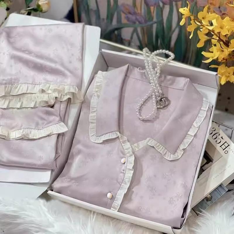 Premium Casual Comfortable Simple Pajamas Women'S Summer Sweet Lace New Long-Sleeved Loungewear Two-Piece Set