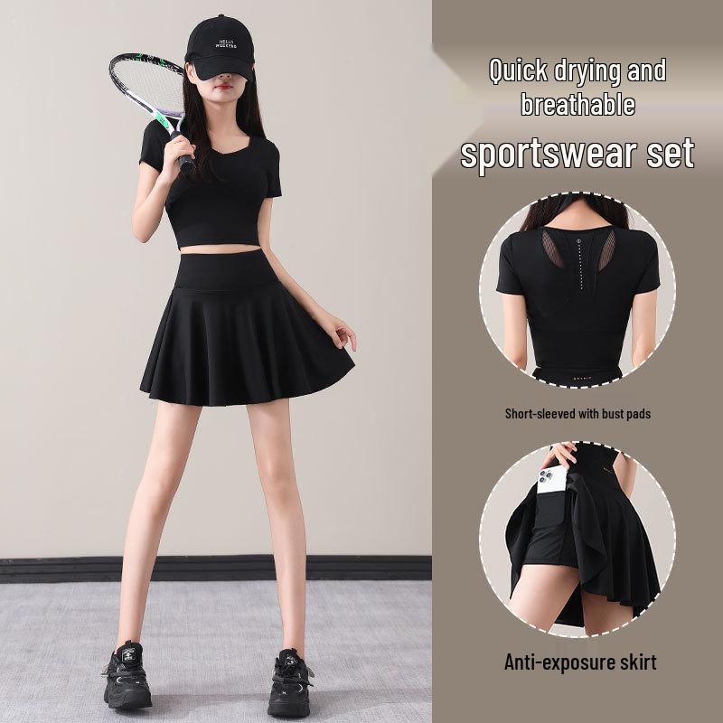 Women's Summer 2025 Tennis & Badminton Fitness Set: Yoga Short Sleeve, Running Skirt, & Chest Pad