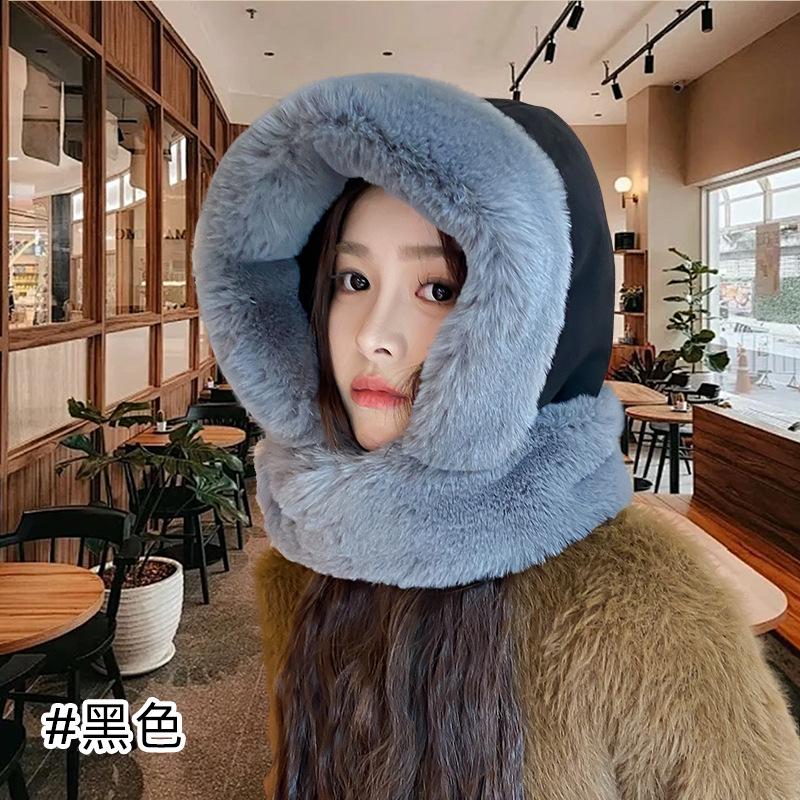 Autumn and winter integrated hat women's wool hat with scarf thickened plush wool hat big head circumference versatile loose hat