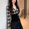 Fake Two Pieces Plaid Patchwork T-shirts Autumn Korean V-Neck Female Clothing Hotsweet Slim Vintage Basic Long Sleeve Pullovers