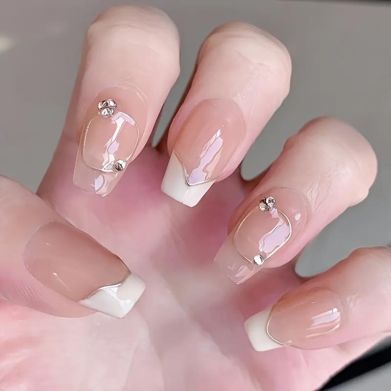 10pcs French Tip Press On Nails Short Handmade Luxury Fake Nails With Diamond Decor Fresh Manicure Patches