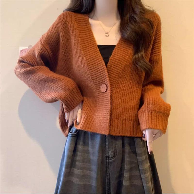 New Early Autumn Short Knitted Cardigan Loose Inner Top Long Sleeve V-Neck Sweater Jacket Women's