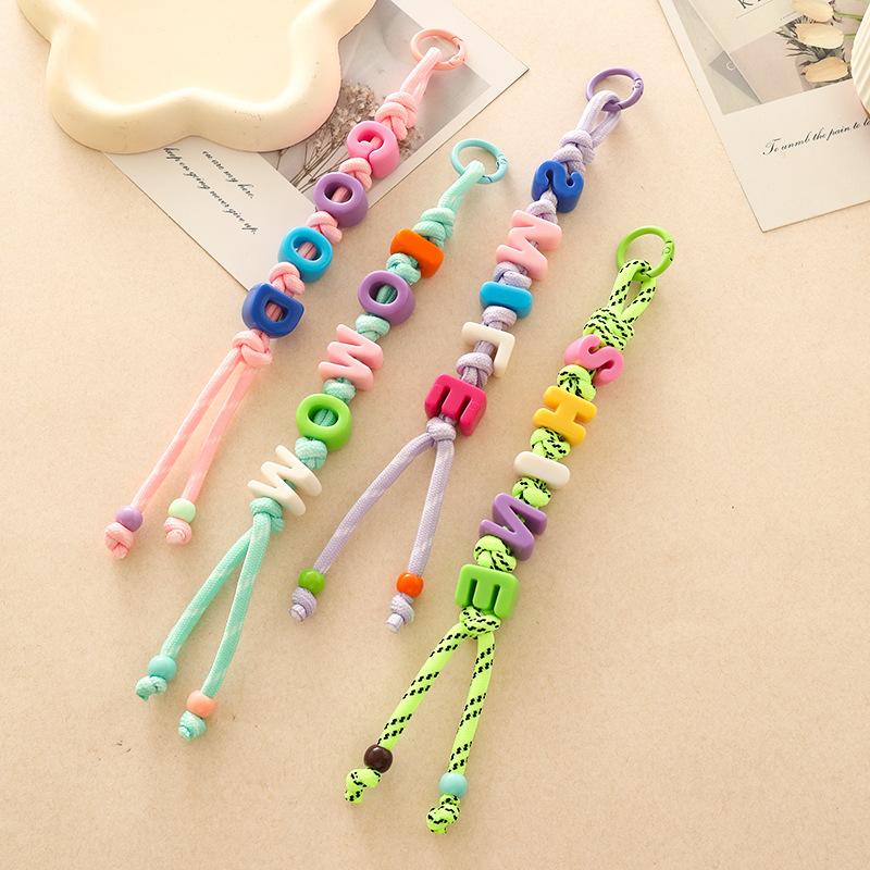 Dopamine Beaded Letter Braided Lanyard Keychain For Phone Case Women Anti Lost Knot Rope Strap Car Keyring Diy Accessories