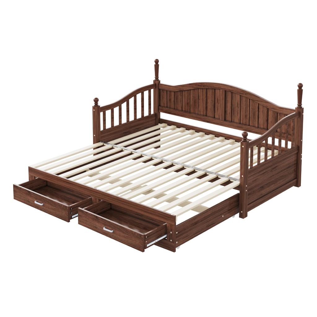Extendable Sofa Bed 90/180*190 cm, with Roman Columns, Curved Backrest and Armrests, Drawers and Slatted Frame, Multifunctional Bed Pine Wood, Walnut