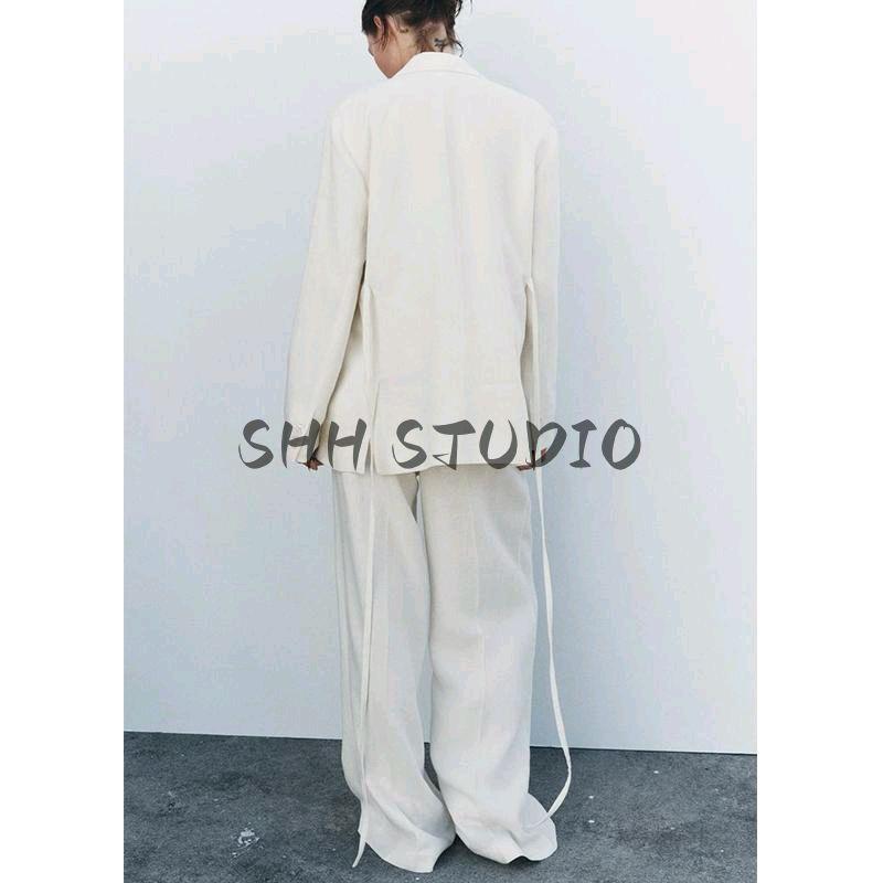 Spring New Women's Clothing White Pleated Casual Pants 2420586 Linen Blend Suit Outwear 2464586