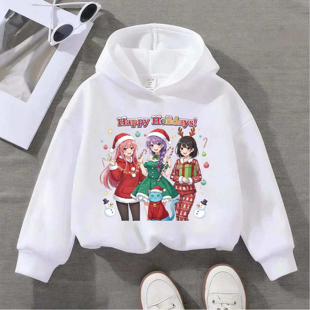 Festive Christmas Kids Hoodie with Adorable Anime Girls and Cute Cat Design for Season's Greetings