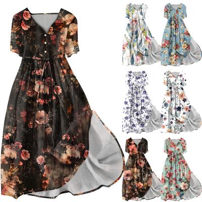 Damenmode Casual Printed Revers Kragen Knopf Kurzarm Kleidung Riemen Kleid