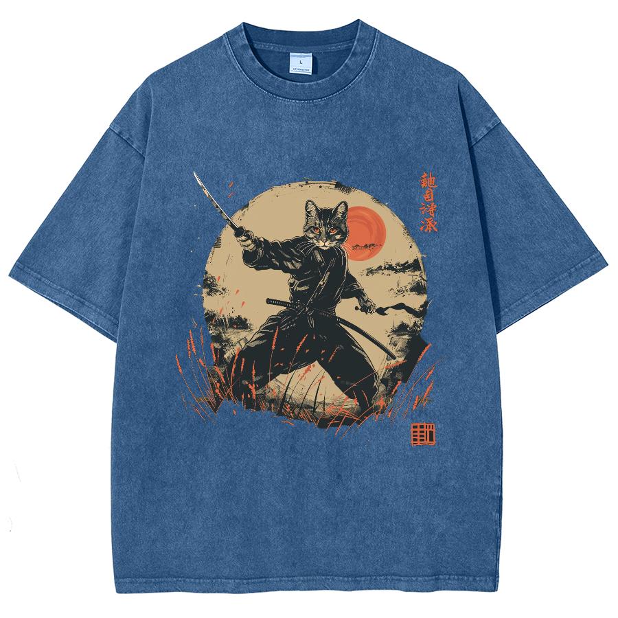 Japanese Women's T-shirt Summer Short Sleeve Washed Denim Stretch Fabric Samurai Cat Print Top Retro Wear Men