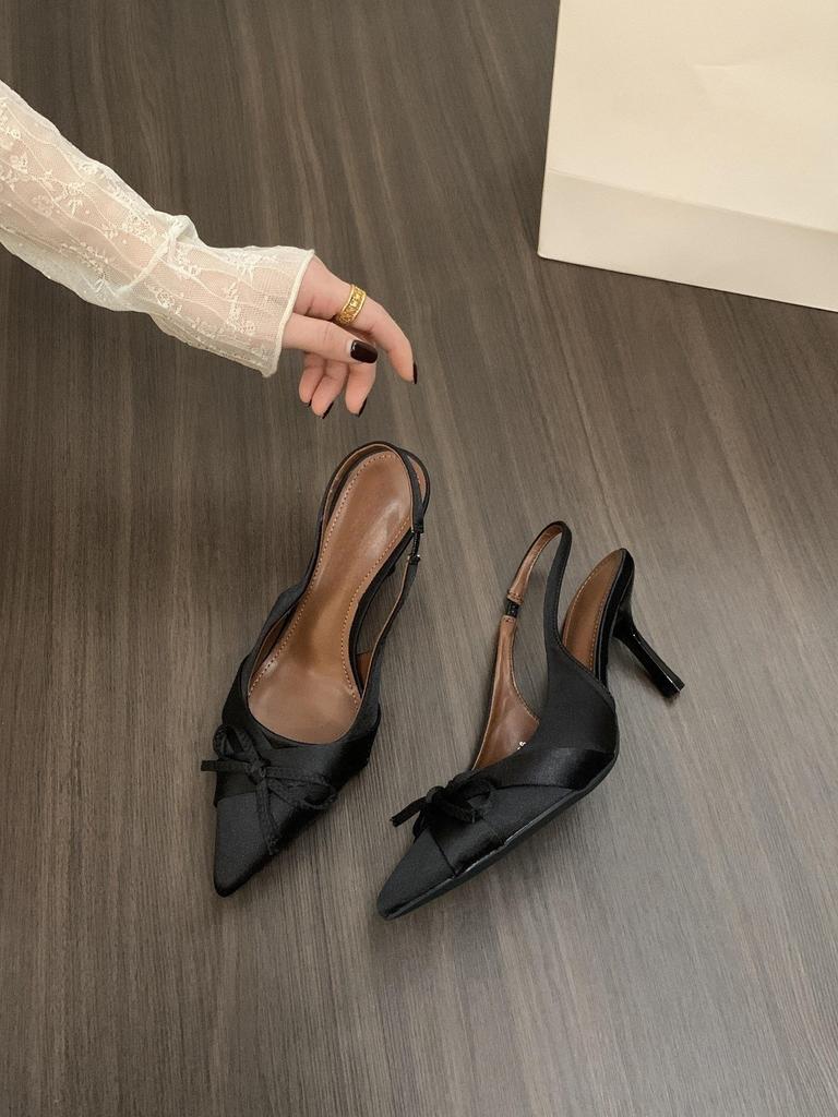 Gentle back strap bag head sandals women's 2025 new spring and summer new pointed head bow temperament thin heel shoes