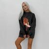 Vintage Print Washed Black Loose-Fit Cotton Long-Sleeve T-Shirt for Women