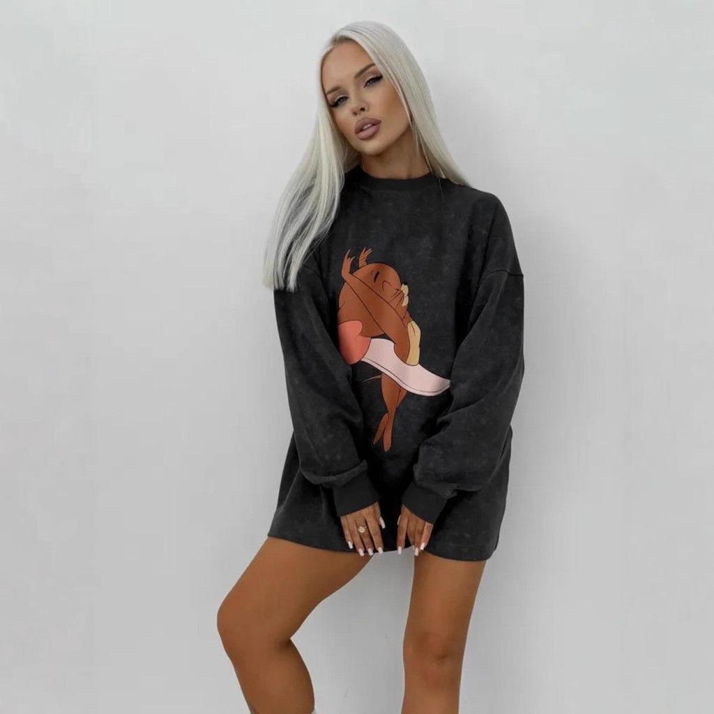 Vintage Print Washed Black Loose-Fit Cotton Long-Sleeve T-Shirt for Women