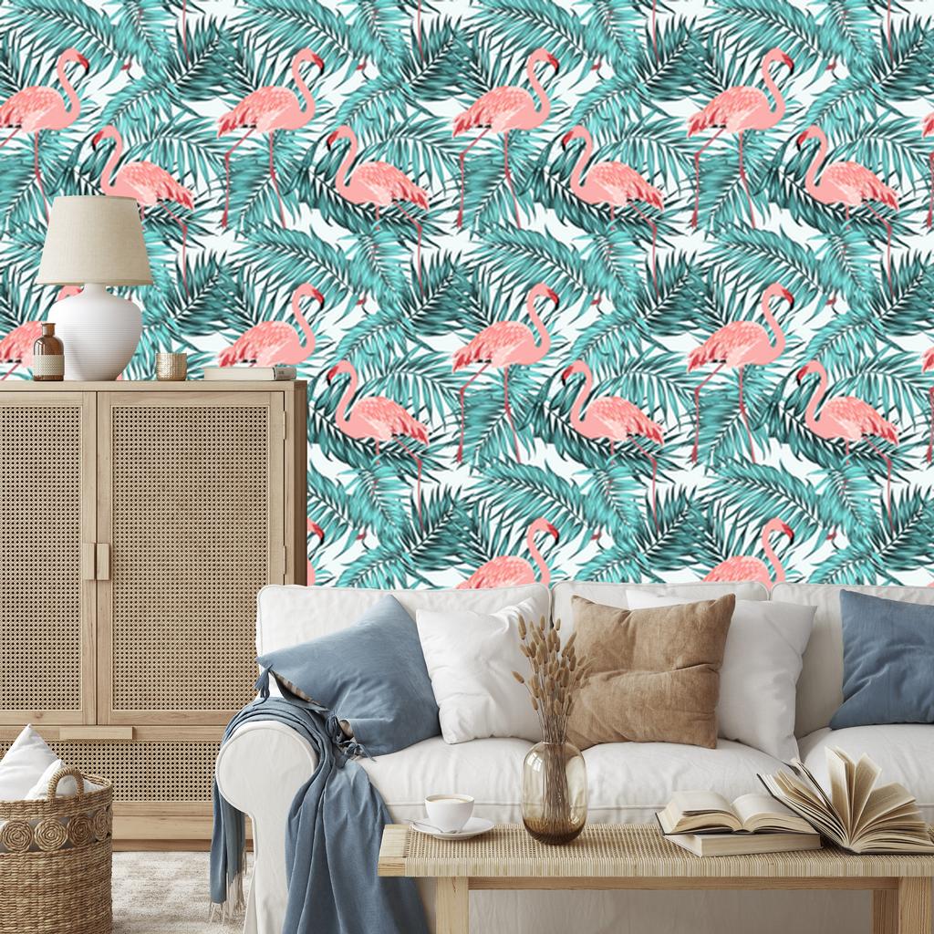 Leaves with flamingos wallpaper for living room and bedroom 50x1000